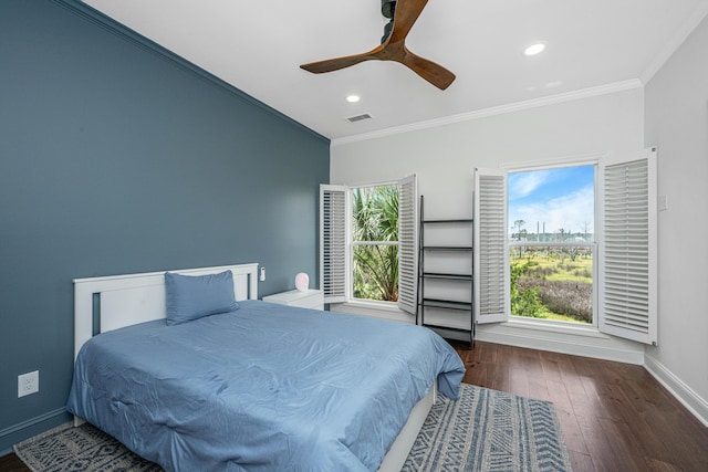 1520 Regimental Ln, Johns Island, SC 29455 - bedroom with hardwood / wood-style floors, ornamental molding, recessed lighting, and a ceiling fan