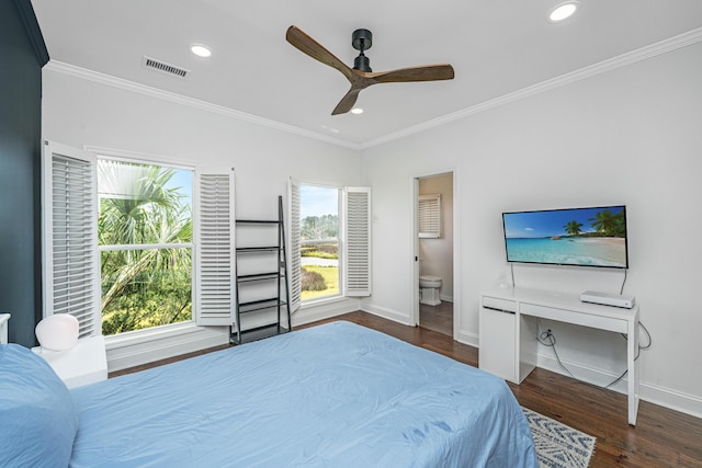 1520 Regimental Ln, Johns Island, SC 29455 - bedroom with crown molding, wood finished floors, recessed lighting, ceiling fan, and ensuite bathroom