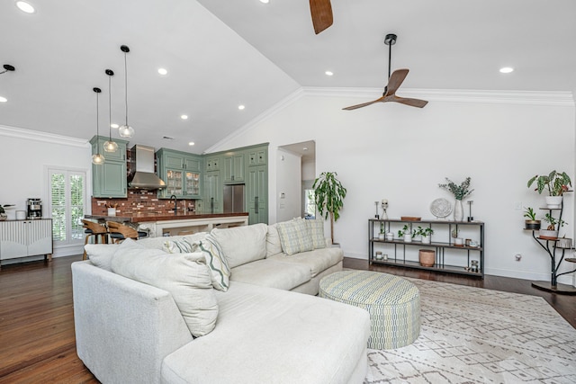 1520 Regimental Ln, Johns Island, SC 29455 - living room featuring a ceiling fan, crown molding, dark wood-type flooring, lofted ceiling, and recessed lighting
