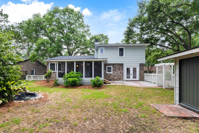 886 Friendly Cir, Charleston, SC 29414 - rear view of house with french doors, a sunroom, brick siding, a patio, and a chimney
