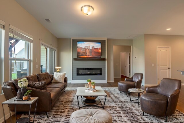 408 Fox Sparrow Ct, Summerville, SC 29486 - living area with wood finished floors, a glass covered fireplace, baseboards, and recessed lighting