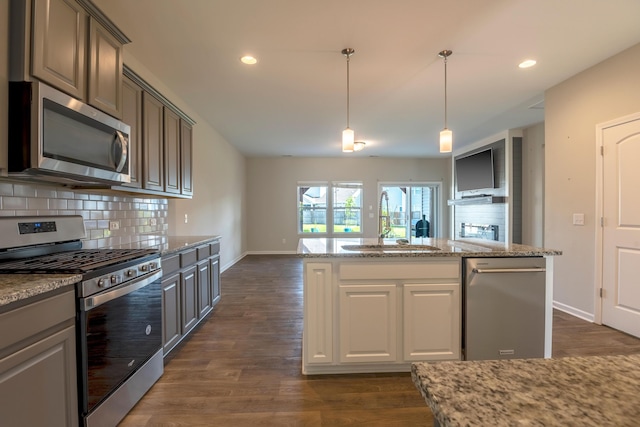 408 Fox Sparrow Ct, Summerville, SC 29486 - kitchen featuring appliances with stainless steel finishes, a sink, tasteful backsplash, baseboards, and dark wood-style floors