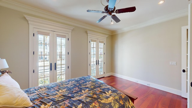 bedroom featuring crown molding, wood-type flooring, access to exterior, and french doors