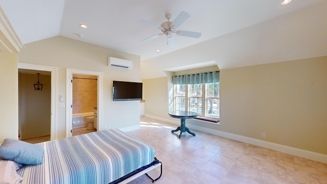 bedroom with ceiling fan, vaulted ceiling, a wall mounted AC, and ensuite bathroom