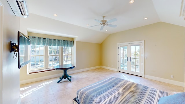 bedroom featuring vaulted ceiling, a wall mounted AC, access to outside, ceiling fan, and french doors