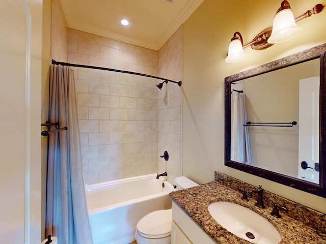 full bathroom featuring crown molding, vanity, toilet, and shower / bath combination with curtain