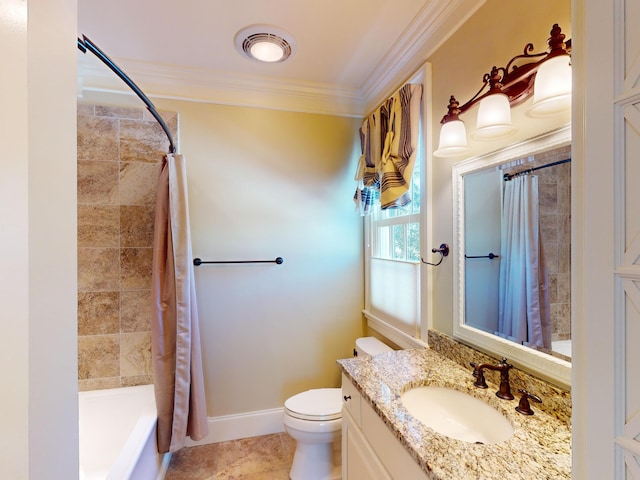 full bathroom featuring tile patterned flooring, vanity, toilet, crown molding, and shower / bathtub combination with curtain