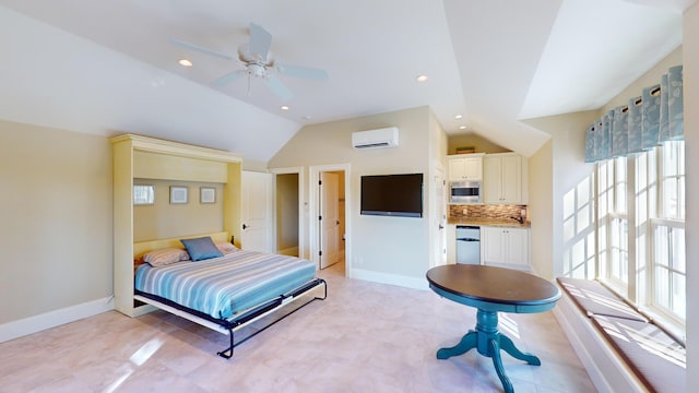 bedroom featuring multiple windows, vaulted ceiling, and a wall unit AC