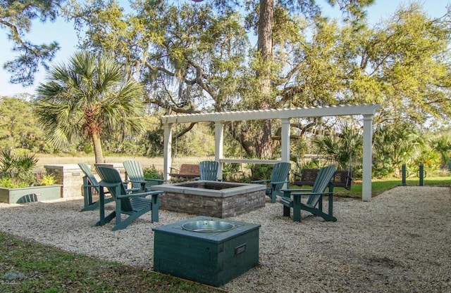 view of community featuring a patio and a fire pit