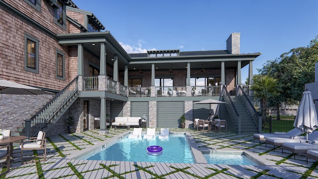 27 Rebellion Rd, Charleston, SC 29407 - rear view of property with stairway, a chimney, a patio, and a pool with connected hot tub