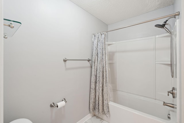 1505 Blaze Ln, Charleston, SC 29412 - bathroom with shower / tub combo with curtain, a textured ceiling, and marble finish flooring