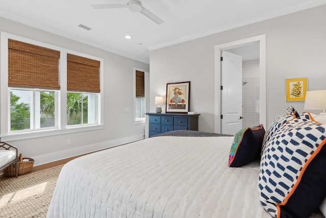 bedroom featuring visible vents, recessed lighting, baseboards, and a ceiling fan