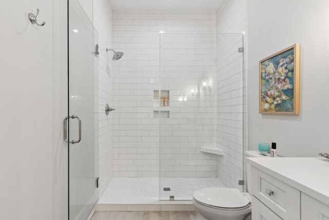 bathroom featuring vanity, toilet, and a shower stall