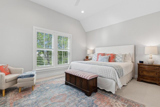 carpeted bedroom with recessed lighting, a ceiling fan, and lofted ceiling