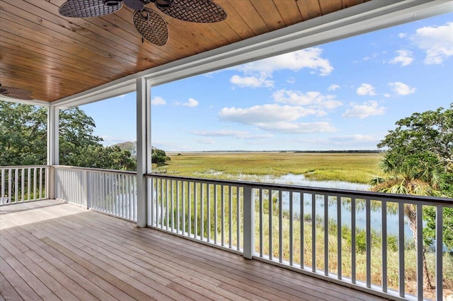 wooden deck featuring a water view and ceiling fan