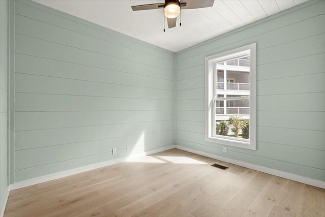 spare room featuring light hardwood / wood-style floors, wooden walls, and ceiling fan