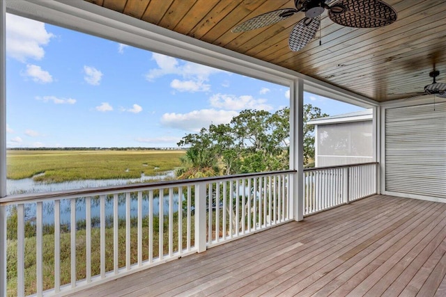 deck featuring a water view and ceiling fan