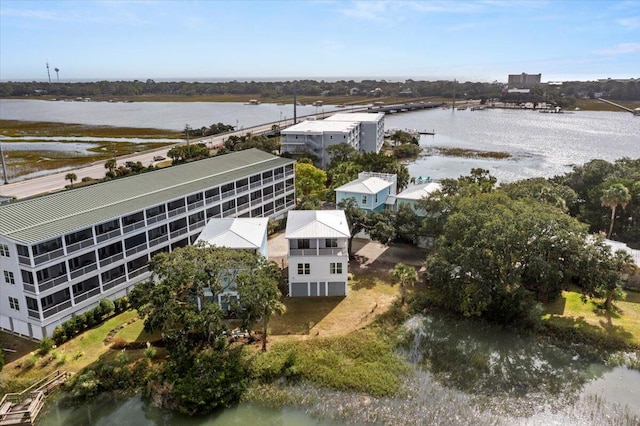 aerial view featuring a water view