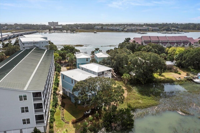 drone / aerial view with a water view