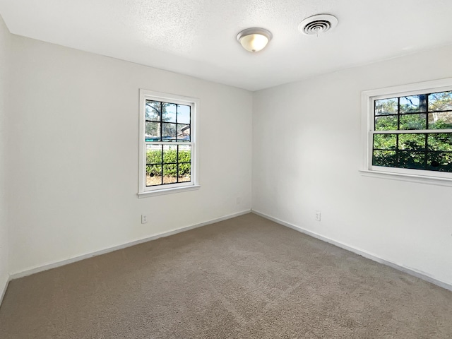 spare room featuring carpet flooring and a textured ceiling