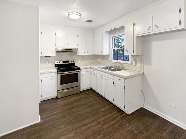 kitchen featuring decorative backsplash, dark hardwood / wood-style flooring, stainless steel electric stove, sink, and white cabinets