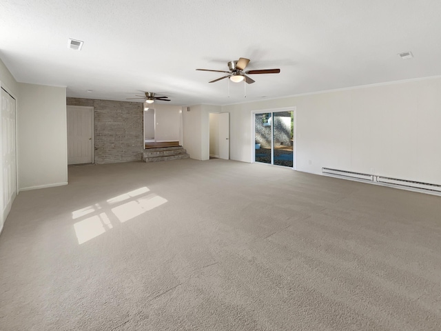 unfurnished living room featuring baseboard heating, ceiling fan, and light colored carpet