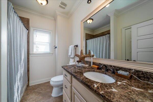 full bathroom featuring toilet, vanity, ornamental molding, baseboards, and a shower with shower curtain