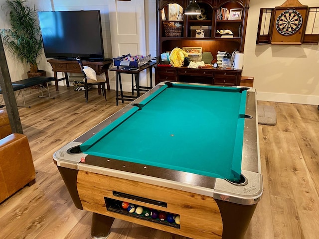 playroom featuring wood finished floors, billiards, and baseboards