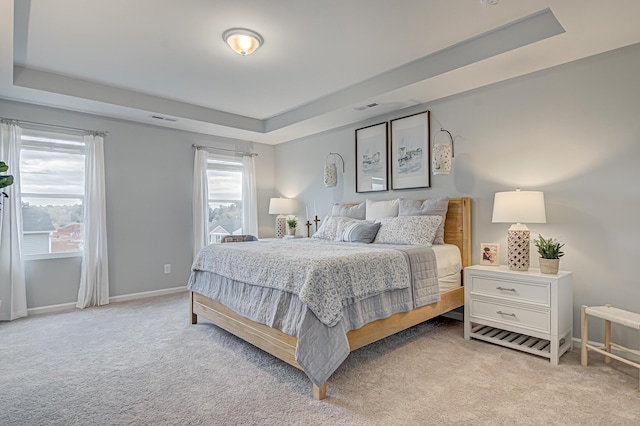 carpeted bedroom with a tray ceiling