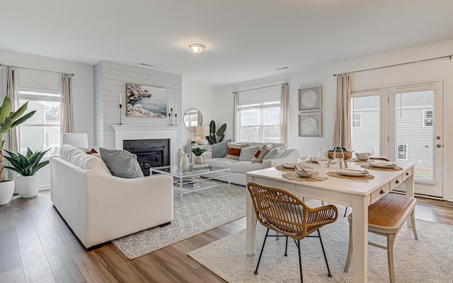 living room with a fireplace and hardwood / wood-style floors