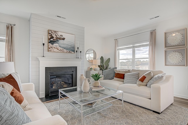 living room featuring hardwood / wood-style flooring and a fireplace