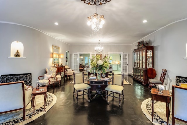 dining area with a chandelier, finished concrete flooring, ornamental molding, and recessed lighting