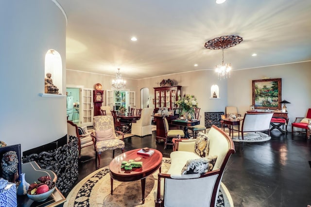 living area featuring recessed lighting, crown molding, and a notable chandelier