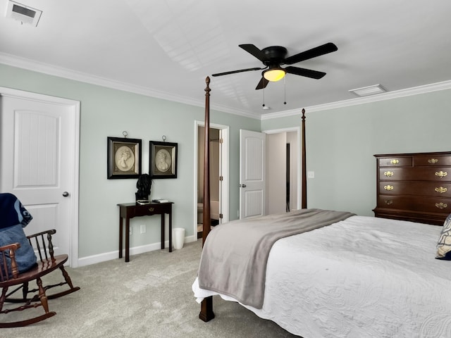 bedroom featuring visible vents, baseboards, ornamental molding, ceiling fan, and light colored carpet