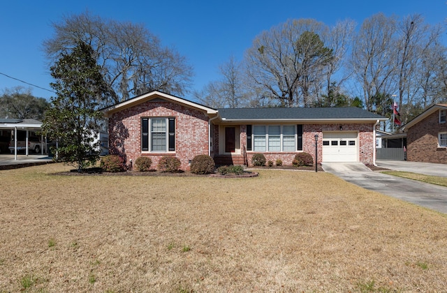 ranch-style home with brick siding, an attached garage, concrete driveway, and a front lawn