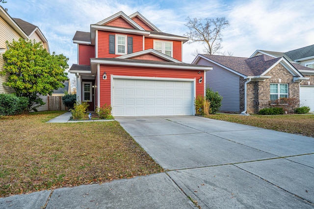 view of front of home featuring a front lawn, fence, concrete driveway, roof with shingles, and an attached garage