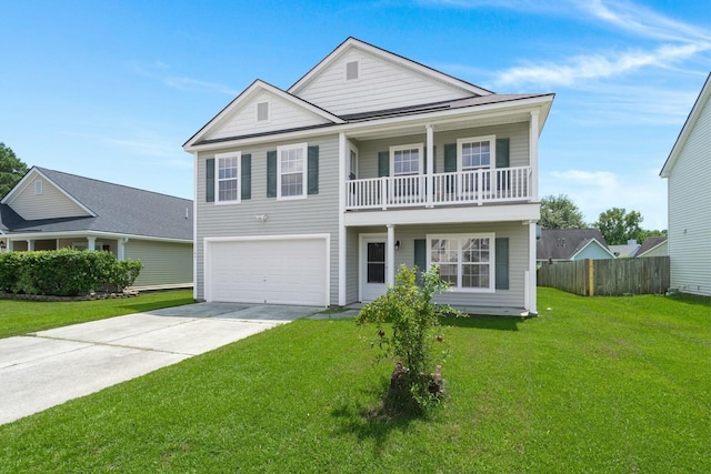 front facade featuring a garage, a balcony, and a front lawn