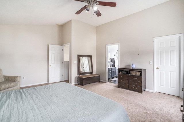 4987 Ballantine Dr, Summerville, SC 29485 - bedroom featuring high vaulted ceiling, light carpet, baseboards, ensuite bathroom, and a ceiling fan