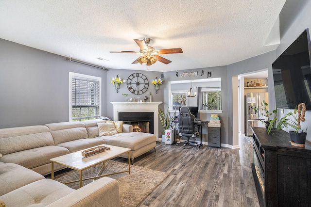4987 Ballantine Dr, Summerville, SC 29485 - living area featuring ceiling fan, wood finished floors, a warm lit fireplace, a textured ceiling, and healthy amount of natural light
