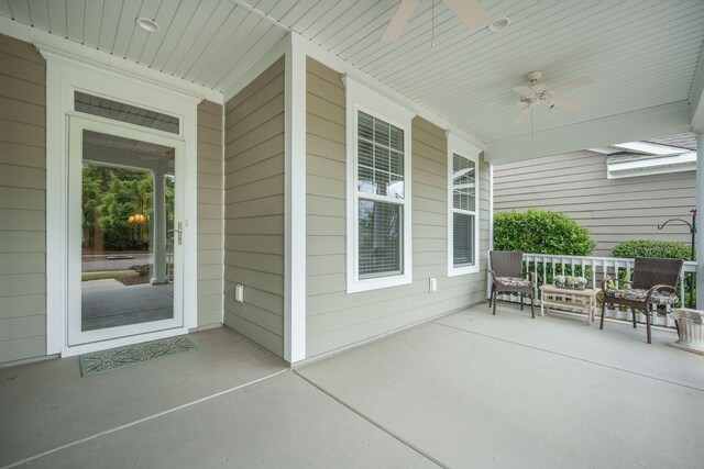 view of patio / terrace featuring ceiling fan and a porch