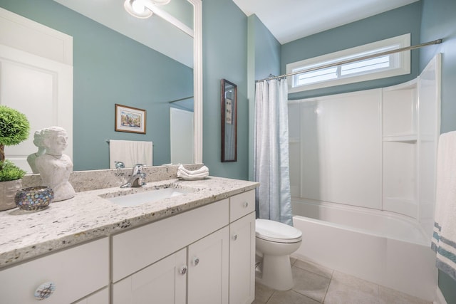 bathroom featuring toilet, tile patterned floors, shower / tub combo with curtain, and vanity