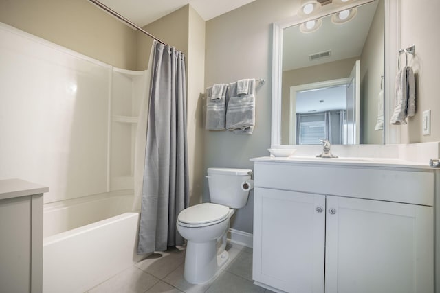 full bath featuring visible vents, shower / tub combo with curtain, vanity, toilet, and tile patterned floors