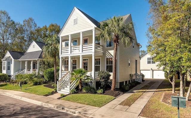 view of front of home with an outbuilding, a front lawn, and covered porch