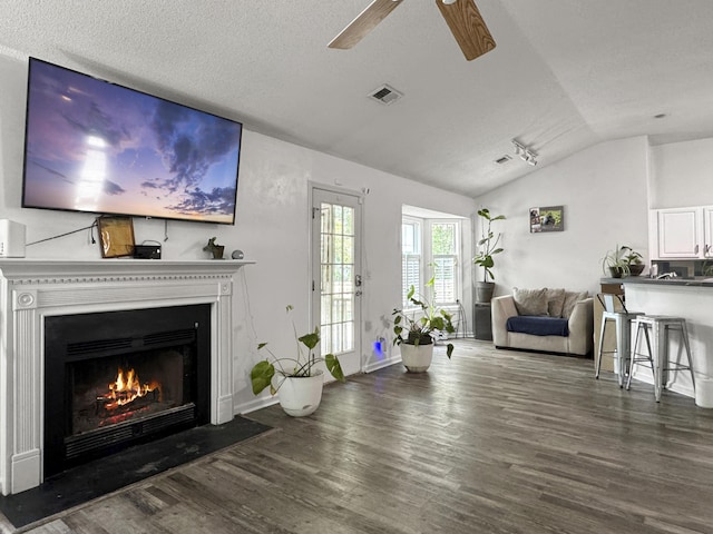1317 Wild Olive Dr, Mount Pleasant, SC 29464 - living area with lofted ceiling, wood finished floors, ceiling fan, a fireplace with flush hearth, and a textured ceiling