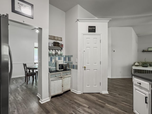 1317 Wild Olive Dr, Mount Pleasant, SC 29464 - kitchen featuring freestanding refrigerator, dark wood-type flooring, and baseboards