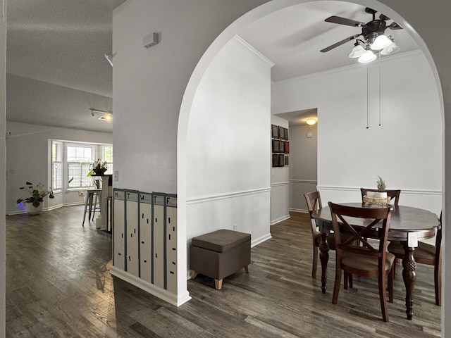 1317 Wild Olive Dr, Mount Pleasant, SC 29464 - dining space with a ceiling fan, arched walkways, ornamental molding, wood finished floors, and baseboards