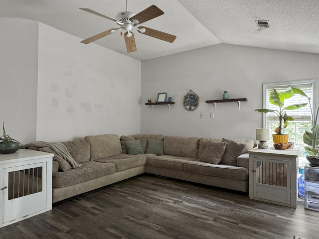 1317 Wild Olive Dr, Mount Pleasant, SC 29464 - living room featuring wood finished floors, a ceiling fan, vaulted ceiling, and a textured ceiling