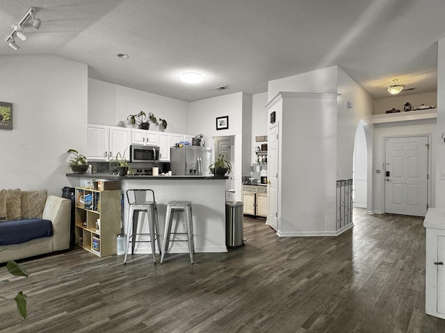 1317 Wild Olive Dr, Mount Pleasant, SC 29464 - kitchen with stainless steel appliances, a peninsula, dark wood-style floors, a breakfast bar area, and dark countertops