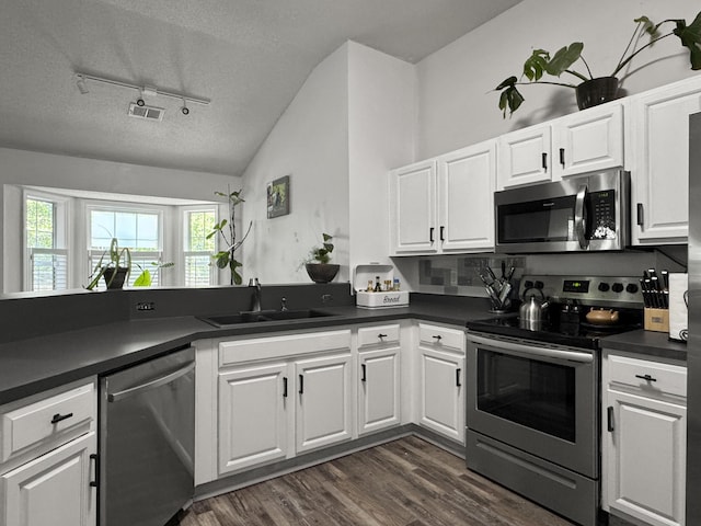 1317 Wild Olive Dr, Mount Pleasant, SC 29464 - kitchen with stainless steel appliances, a sink, dark countertops, a textured ceiling, and track lighting
