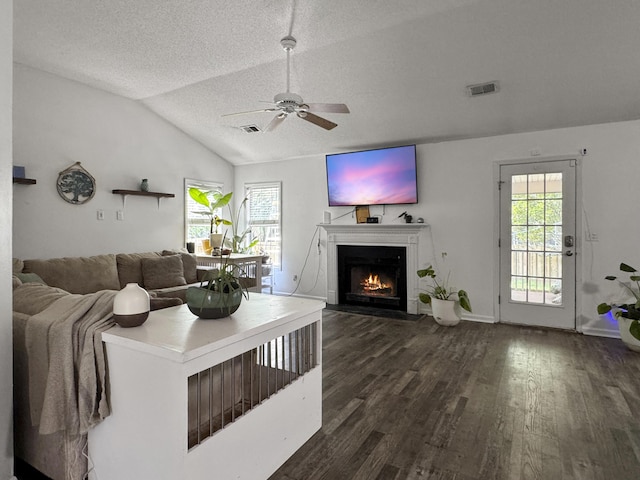 1317 Wild Olive Dr, Mount Pleasant, SC 29464 - living area with dark wood-type flooring, a ceiling fan, a fireplace with flush hearth, lofted ceiling, and a textured ceiling